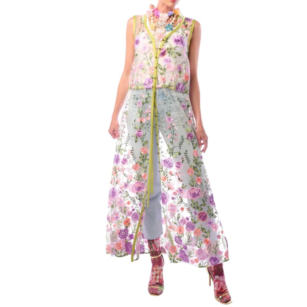 Aratta Lavender Love Floral Mesh Sheer Duster Vest Large NIB Rare